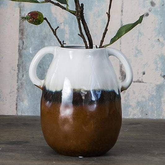 Multi Gradient Ceramic Vase with 2 Handles, Modern Farmhouse Decor, Rustic Terracotta Pottery, Decorative Flower Vases, Clay Small Vase, Centerpiece for Dining Table - 7 Inch Tall-VerdiqueGarden