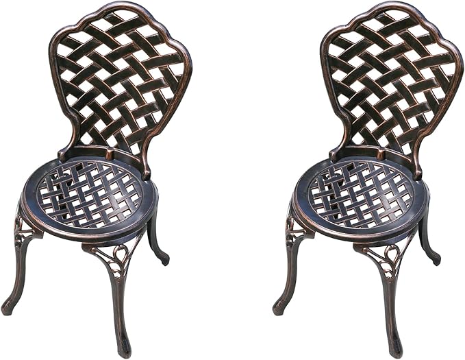 Outdoor Dining Chair Cast Aluminum Patio Chairs Set of 2 All-Weather Patio Dining Chair with Adjustable Feet for Backyard Garden (Slanted Grid Round Chair)-VerdiqueGarden