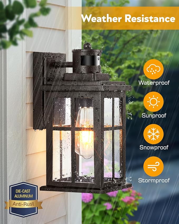 Outdoor Motion Sensor Light, 2 Pack Outside Sconce, Bronze Motion Sensor for Outside, Anti-Rust, Outdoor Light Fixture with Tempered Clear Glass for House, Garage,Entryway, Waterproof-VerdiqueGarden