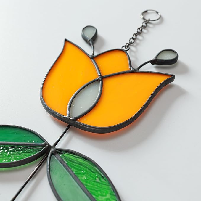 Tulip Stained Glass Suncatcher, Valentines Day Gifts, Folk Flower Stained Glass Window Hanging Sun Catcher, Retro Home Decor, Window Decorations for Plant Lovers, 9.4" x 4.7"-VerdiqueGarden