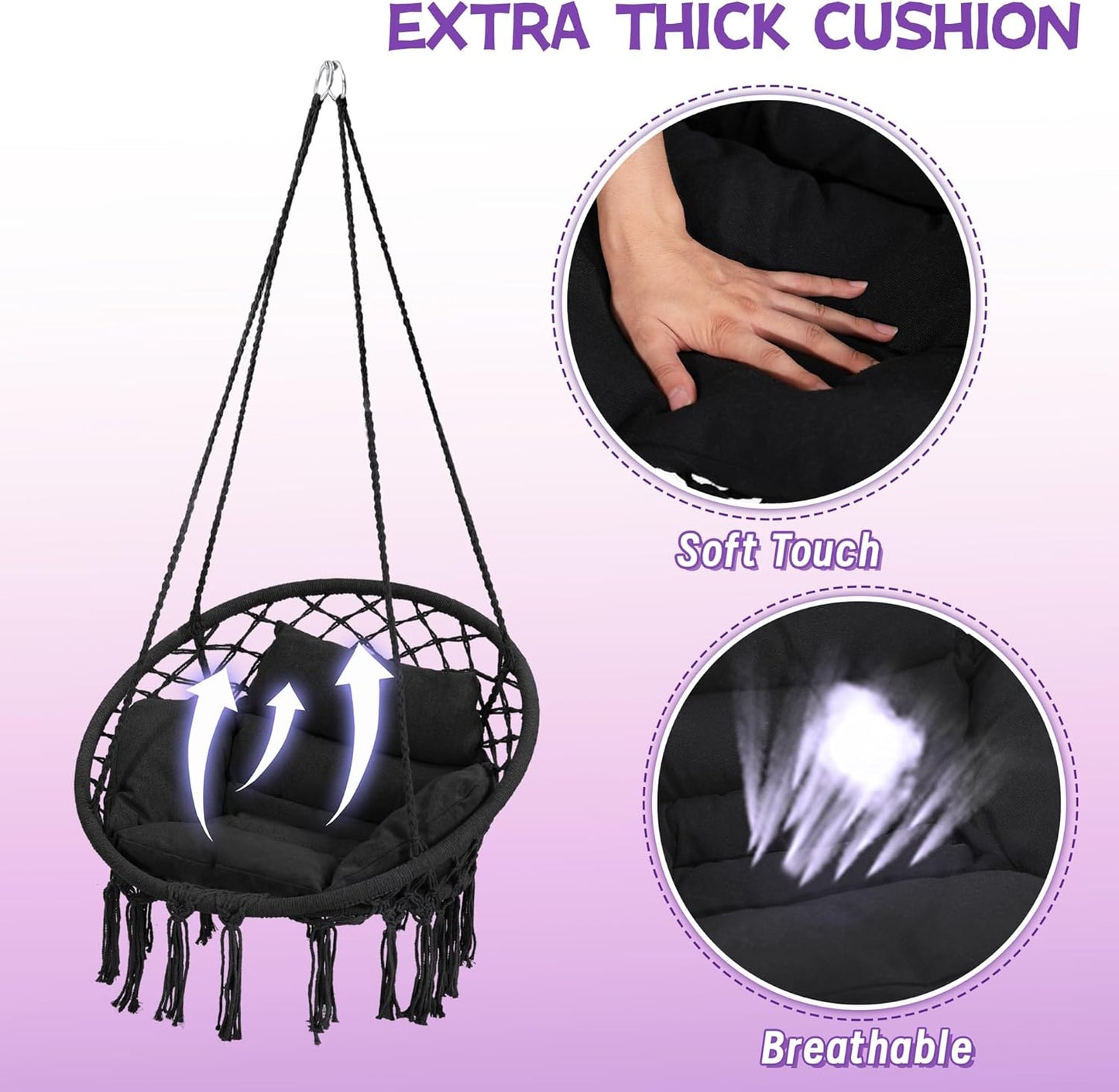 Macrame Hammock Hanging Swinging Chair with Medium Cushion, Perfect for Bedroom, Porch, Adults, Balcony, Black-VerdiqueGarden