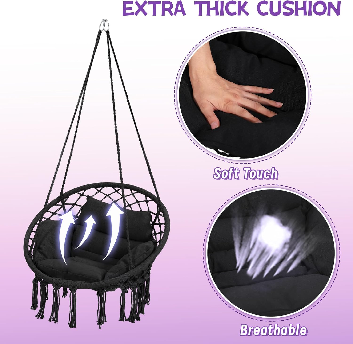 Macrame Hammock Hanging Swinging Chair with Medium Cushion, Perfect for Bedroom, Porch, Adults, Balcony, Black-VerdiqueGarden