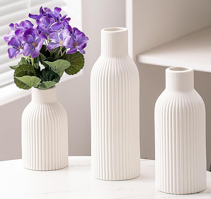 Ceramic Vase Set of 3, Flower Vases for Spring Room Decor, Kitchen Farmhouse, Modern Boho Style(White)-VerdiqueGarden