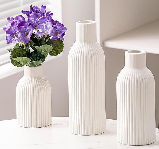 Ceramic Vase Set of 3, Flower Vases for Spring Room Decor, Kitchen Farmhouse, Modern Boho Style(White)-VerdiqueGarden