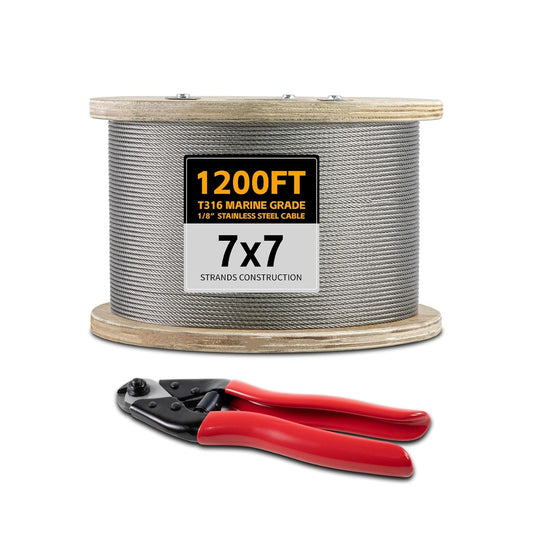 1/8 Stainless Steel Cable 1200FT Wire Rope with Cutter, T316 Marine Aircraft Cable 7x7 Strands,1800 lb Breaking Strength, Wire Cable for Deck Railing, Fence, DIY Balustrade-VerdiqueGarden