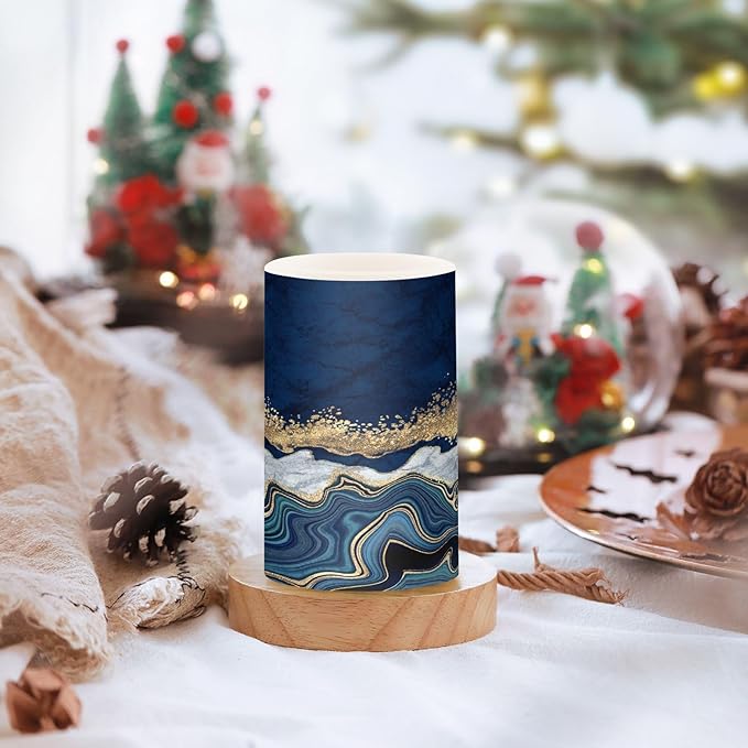 Flickering Flameless Candles, Navy Blue Marble Golden Veins LED Candles with Remote Timer, Set of 2 Battery Operated Candle for Valentine Wedding Birthday-VerdiqueGarden
