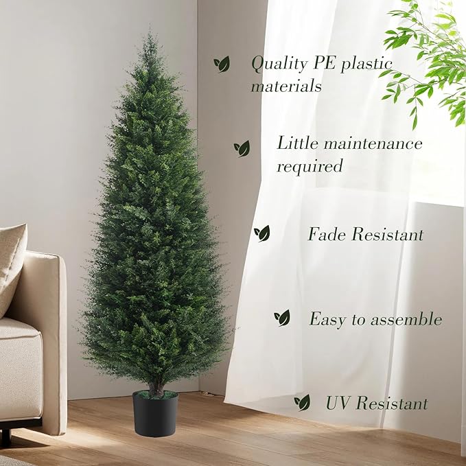 Two 4ft Artificial Plants Topairy Faux Cedar Trees for Outdoor Planters, 48IN Tall Fake Pine Bushes UV Resistant Large Potted Shrubs for Front Porch Décor-VerdiqueGarden