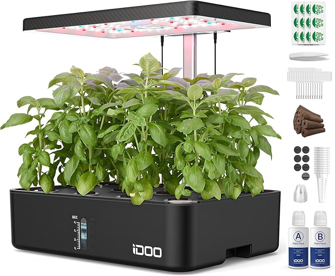 iDOO Hydroponics Growing System Kit 12Pods, Gardening Gifts for Women Mom, Indoor Herb Garden with LED Grow Light, Built-in Fan, Auto-Timer, Adjustable Height Up to 11.3", 12Pods-Black-VerdiqueGarden