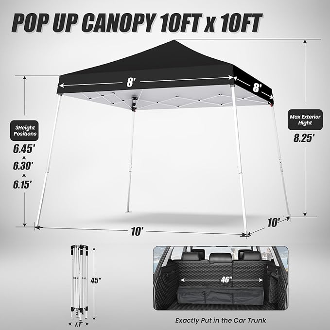 10x10 Pop Up Canopy, 300D Silver Coated Black Fabric Outdoor Gazebo, Beach Tent Slant Legs with Storage Bag,Easy Up Sun Shade Shelter Tents with 8x8 Top Cover for Patio,Party-VerdiqueGarden