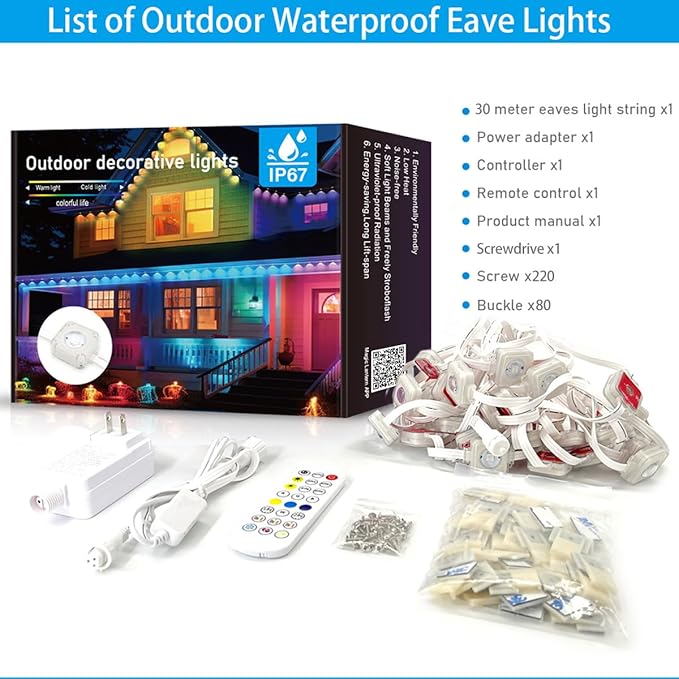 100ft Permanent Outdoor Lights for House, IP67 Waterproof RGB+IC LED Eaves Lights, 54 Scene Modes Outdoor Lighting for Christmas Garden Party Holiday Decorations, with App/Remote Control-VerdiqueGarden