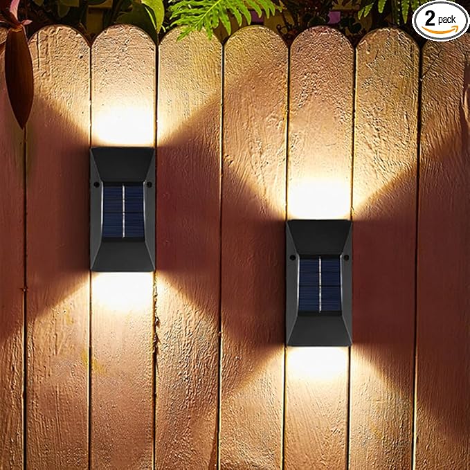2 Pack Solar Wall Lamps, Solar Fence Lights, Deck Light, LED Solar Wall Lights for Home Garden Porch, Up and Down Lighting Lamp (White Light)-VerdiqueGarden
