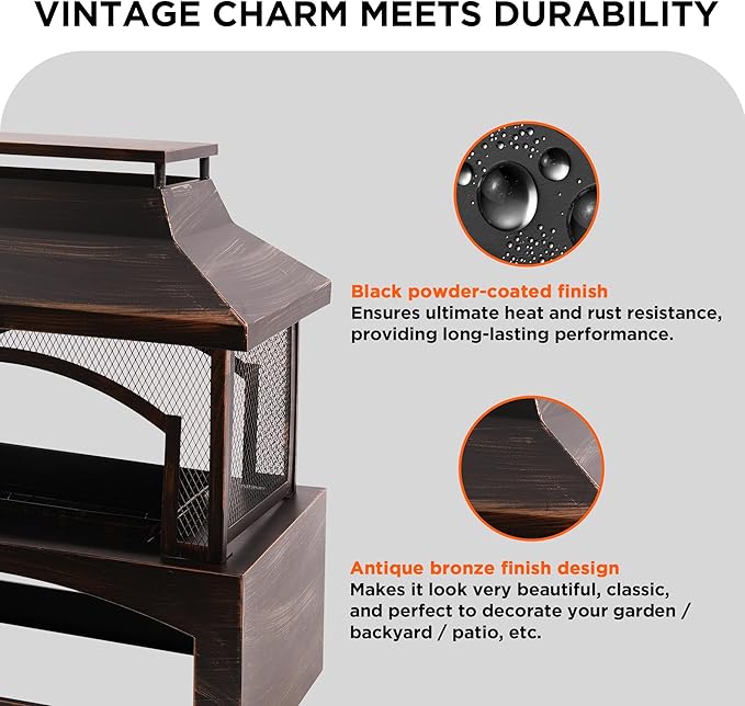 Red Mountain Valley 37in Outdoor Wood Burning Fireplace, Large Outdoor Fire Pit with Log Grate and Poker, Chimney Outside Fireplace with Firewood Racks Storage for Patio, Garden and Backyard-VerdiqueGarden