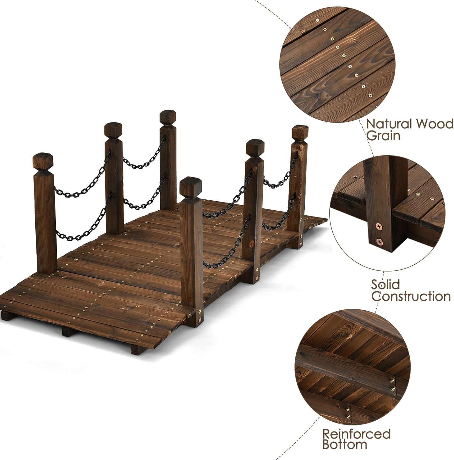 Tangkula 5 FT Wooden Garden Bridge, Arc Footbridge w/Safe Chain Railings, Outside Small Arc Pond Bridge, Decorative Fir Bridge for Landscaping Garden, Pond, Stream, Courtyard, Holds up to 400 LBS-VerdiqueGarden