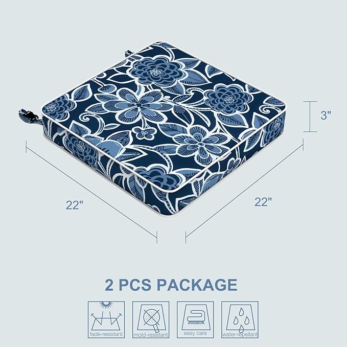 LVTXIII Patio Chair Cushions 22"x22"x3", Water-Repellent Outdoor Seat Cushions for Patio Furniture, Square Chair Pads with Ties for Home Garden Decoration, Set of 2, Flower Navy-VerdiqueGarden