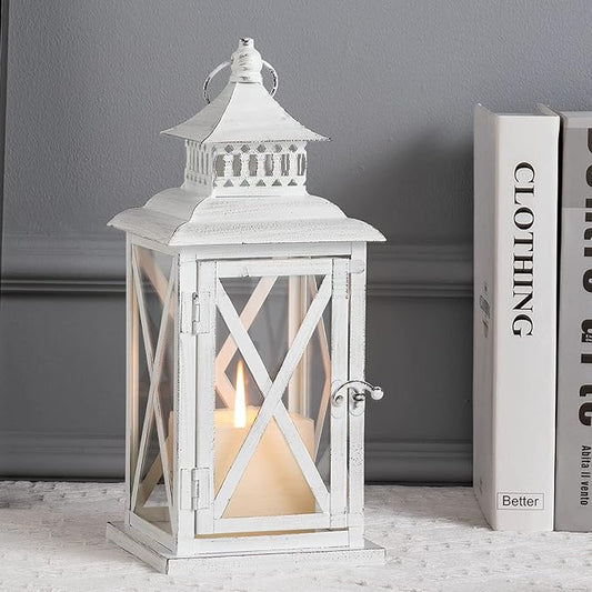 DECORKEY Lantern Decorative Indoor & Outdoor, Large Square Hanging Spring Home Decor, Vintage Metal Decorative Candle Lanterns for Outdoor Patio Wedding Party White with Black Brush-VerdiqueGarden