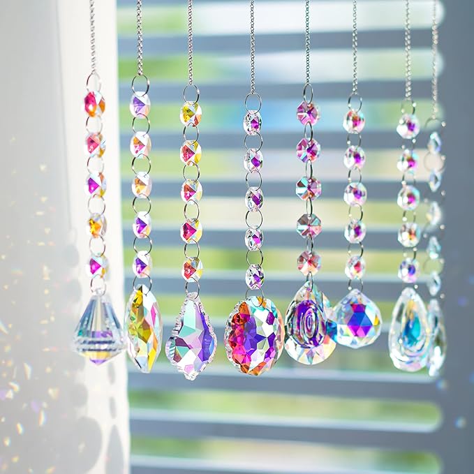 KANPURA 9 PCS Crystal Rainbow Suncatchers, Hanging Crystals Sun Catchers with Chain for Windows, Colorful Suncatcher Prism Pendant Hanging Crystals for Home Wedding Decor-VerdiqueGarden