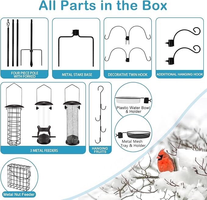 Bird Feeder Station with Suet Cage & Water Bowl Fruit Hook- Adjustable Pole, 6 Hanging Hooks for Wild Birds, Outdoor Garden Bird Feeding Kit-VerdiqueGarden