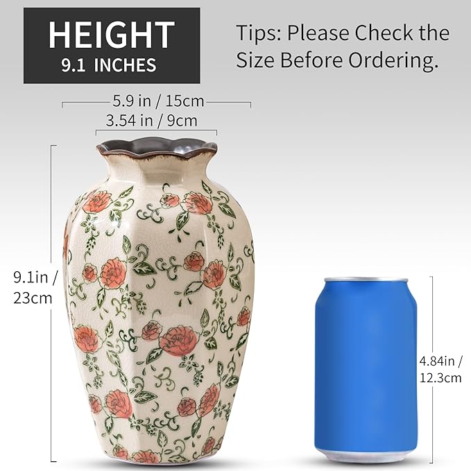 Green&Beige Vintage Octagonal Vase, Red Rose Chinoiserie Floral Vase, Farmhouse Antique Decorative Ceramic Flower Vases for Bouquet, Home Decor, Living Room, Bookshelf, Office, Tuscan Decor 9.1 Inch-VerdiqueGarden