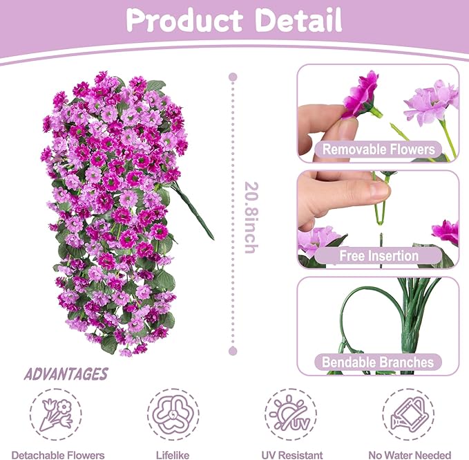 Hanging Baskets Artificial Flowers for Outdoor Interior Decor, Artificial Daisies Flowers Shrubs Plants with Baskets for Home Porch Garden Patio Spring Summer Decoration(Double Lotus)-VerdiqueGarden