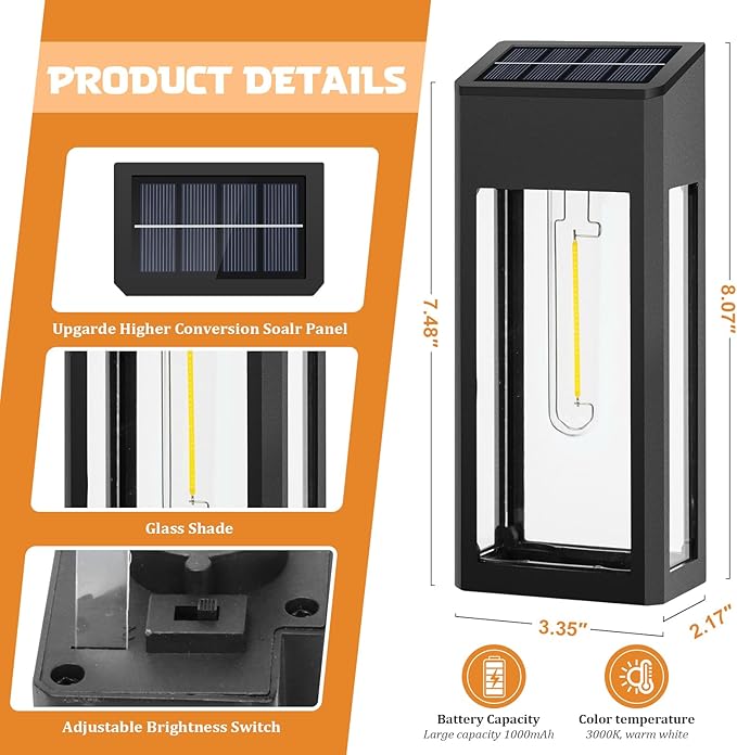 GOODFOEVER Solar Outdoor Lights Waterproof, 4 Pack Fence Lights Solar Powered with LED Bulbs, Metal Wall Lights for Garden Porch Patio Yard and Garage, Aluminum and Glass Shade (Wall Light 4 Pack)-VerdiqueGarden