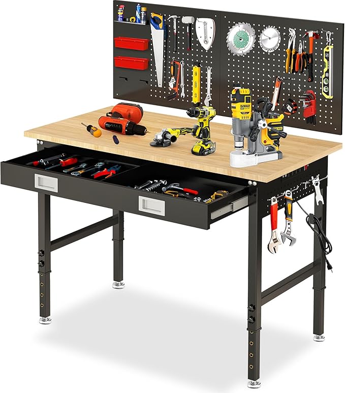 48" Workbench with Drawers, Adjustable Height Work Bench 2000 LBS Heavy-Duty Work Table Rubber Wood Work Station with Power Outlet & Pegboard for Garage, Office, Workshop, Home, Party Shop-VerdiqueGarden