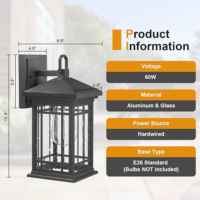 Outdoor Porch Lights Wall Mount, 12.4 Inch Outdoor Wall Lantern With E26 Sockets & Seeded Glass, Classic Exterior Lighting Fixtures, Waterproof Porch Light Fixtures For Garage (Bulbs Not Include)-VerdiqueGarden