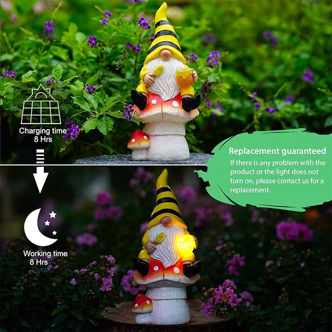 Solar Gnome Decor for Outside - Garden Beer Gnome Outdoor with Solar Lights, Sitting on Mushrooms - Perfect Housewarming or Women's Gifts (Yellow)-VerdiqueGarden