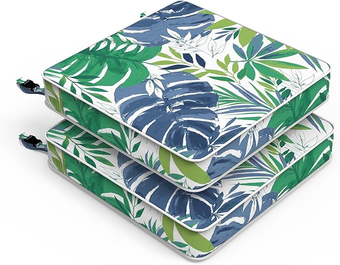 LVTXIII Patio Chair Cushions 19"x19"x3", Water-Repellent Outdoor Seat Cushions for Patio Furniture, Square Chair Pads with Ties for Home Garden Decoration, Set of 2, Islamorada Blue Green-VerdiqueGarden