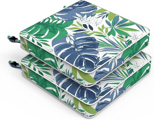 LVTXIII Patio Chair Cushions 19"x19"x3", Water-Repellent Outdoor Seat Cushions for Patio Furniture, Square Chair Pads with Ties for Home Garden Decoration, Set of 2, Islamorada Blue Green-VerdiqueGarden