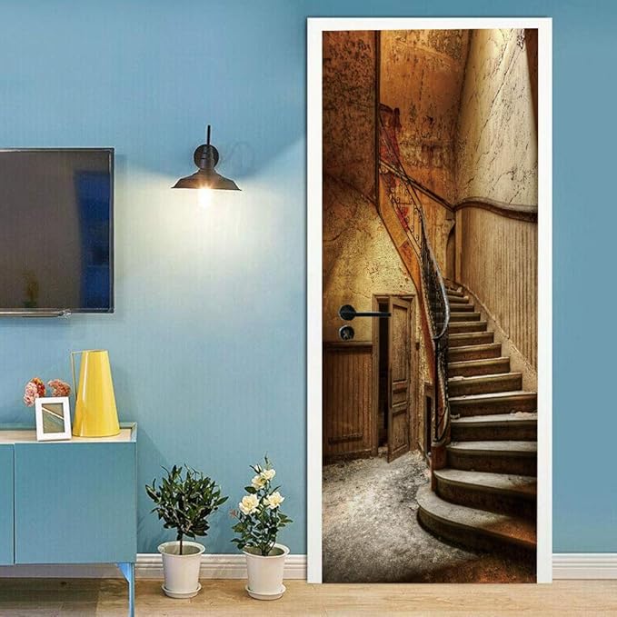 3D Door Stickers Murals Peel and Stick - Old Stairs - Door Wallpaper Self-Adhesive Door Decals Removable PVC Waterproof Door Poster for Bedroom Living Room Door Wall Decoration 34.6 x 78.7 inch-VerdiqueGarden