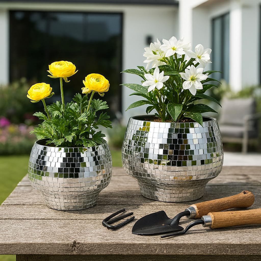 Flower Pots and Planters for Home Decor – Mosaic Indoor and Outdoor Plant Pots for Garden, Patio, or Room – Modern Pots for Indoor Plant Stand for Herbs, Succulents, or Ferns Set of 2 – 8", 6" Silver-VerdiqueGarden