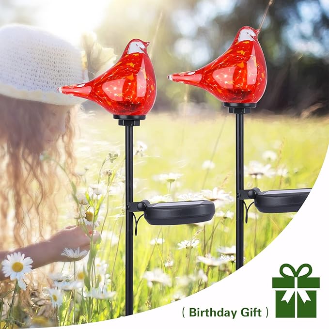 Afirst Solar Outdoor Lights - Decorative Solar Stake Lights Cardinal Handblown Glass Garden Stakes, Waterproof for Pathway Decoration, 2 Pack-VerdiqueGarden