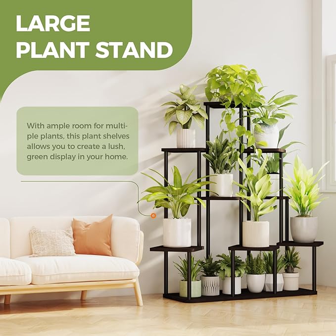 Bamworld Large Plant Stand Indoor, 9 Tier Tall Metal Plant Shelf for Multiple Plants, Tiered Flower Stand for Patio Garden Balcony Living Room Bedroom(Black)-VerdiqueGarden