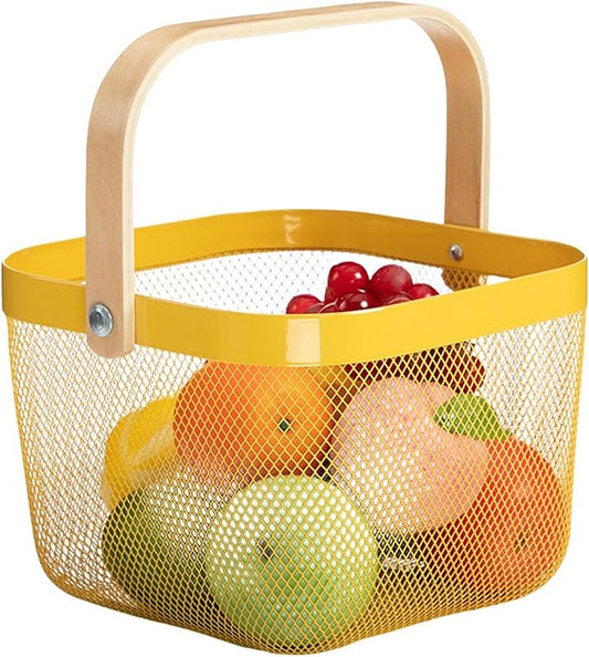 Metal Mesh Steel Basket, Storage Organizer Basket Multi-functional Hanging Kitchen Baskets Fruit Baskets with Wooden Handle for Kitchen Bathroom Picnic Shopping Decor Cabinet Home, Yellow-VerdiqueGarden