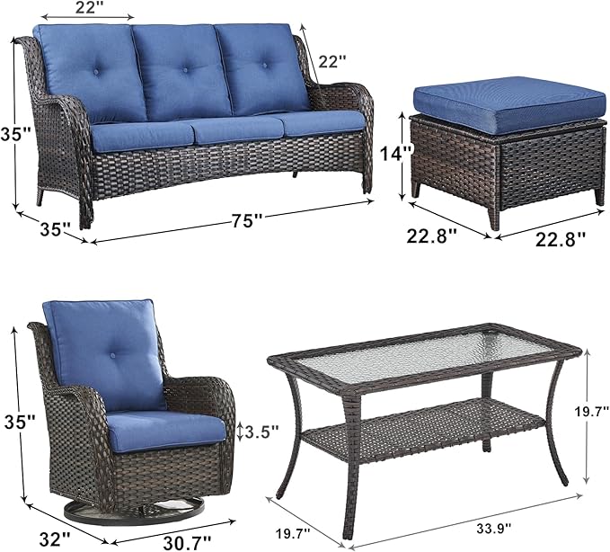 Outdoor Wicker Patio Furniture Set - 6 Piece Rattan Patio Conversation Set with 2 Rocking Swivel Chairs,2 Ottomans,1 Sofa and 1 Coffee Table for Porch Deck Backyard Garden(Brown/Blue)-VerdiqueGarden