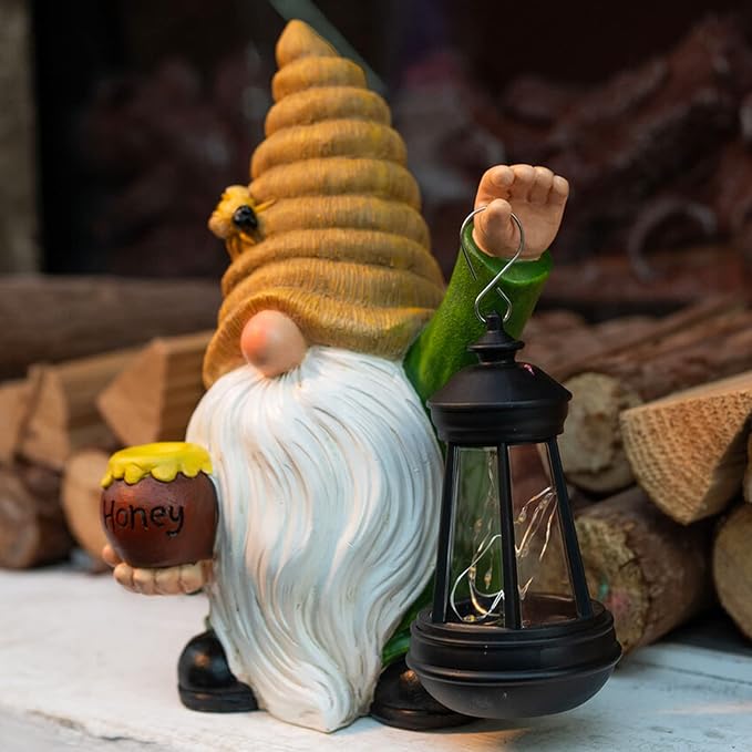 12.3''Solar Garden Gnome Outdoor Decor Honey Bee jar Gnome Statue with LED Lantern Fall Patio Yard Art Decoration Christmas Gardening Birthday Gifts for Women Mom, Honey Bee Gnome-VerdiqueGarden