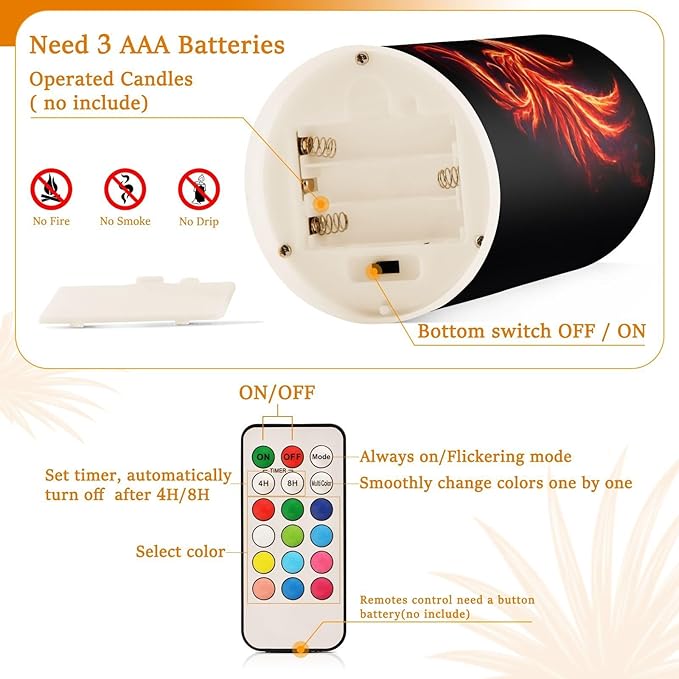Flickering Flameless Candles, Dragon Phoenix LED Candles with Remote Timer, Set of 2 Battery Operated Candle for Valentine Wedding Birthday-VerdiqueGarden