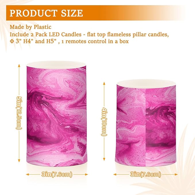Flickering Flameless Candles, Pink Fuchsia Marble LED Candles with Remote Timer, Set of 2 Battery Operated Candle for Valentine Wedding Birthday-VerdiqueGarden