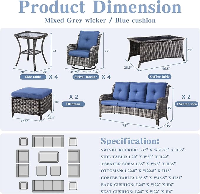 Wicker Patio Furniture Sets - 13 Piece Outdoor Rattan Furniture Conversation Sets with 4 Swivel Rocker Chairs, 2 Rattan Sofas, Wicker Ottomans and Coffee Table, Mixed Grey/Blue-VerdiqueGarden