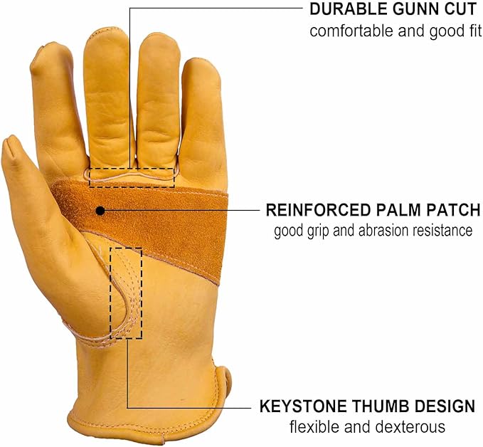 OZERO Leather Work Gloves for Men: 3 Pairs Cowhide Working Gloves Abrasion Resistant Driver Glove for Heavy Duty Yard Work DIY Women Gardening Glove Gold Large-VerdiqueGarden