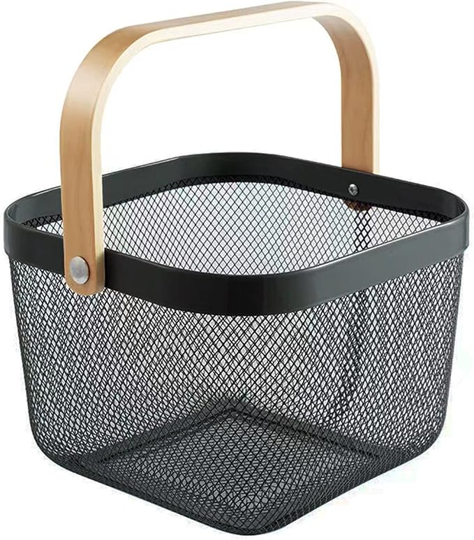 Metal Mesh Steel Basket, Storage Organizer Basket Multi-functional Hanging Kitchen Baskets Fruit Basket Bin with Bamboo Handle for Kitchen Bathroom Picnic Shopping Decor Cabinet Home, Black-VerdiqueGarden
