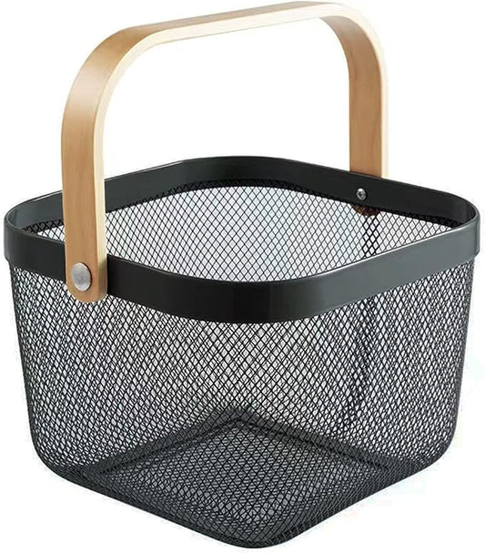Metal Mesh Steel Basket, Storage Organizer Basket Multi-functional Hanging Kitchen Baskets Fruit Basket Bin with Bamboo Handle for Kitchen Bathroom Picnic Shopping Decor Cabinet Home, Black-VerdiqueGarden