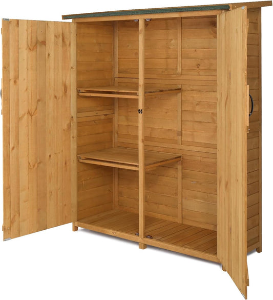 Outvita Outdoor Storage Cabinet with Waterproof Roof, Double Lockable Doors Garden Shed with 2 Removable Shelves, Wooden Storage Shed with Large Storage Space for Yard Garge Patio Deck Porch（Natural）-VerdiqueGarden