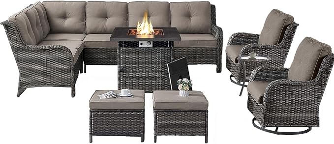 Outdoor Sectional Furniture Sofa Set with Propane Fire Pit Table, Wicker Patio Conversation Set with 2 Swivel Rocker Glider Chairs Grey Cushion Perfect for Backyard Casual Gathering-VerdiqueGarden
