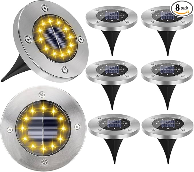 Solar Garden Lights Outdoor, 8 Packs Bright Solar Powered Ground Light with Updated 12 LEDs, Waterproof Disk Warm Flat Lights for Garden Patio Yard Deck Lawn Walkway Landscape Decor-VerdiqueGarden
