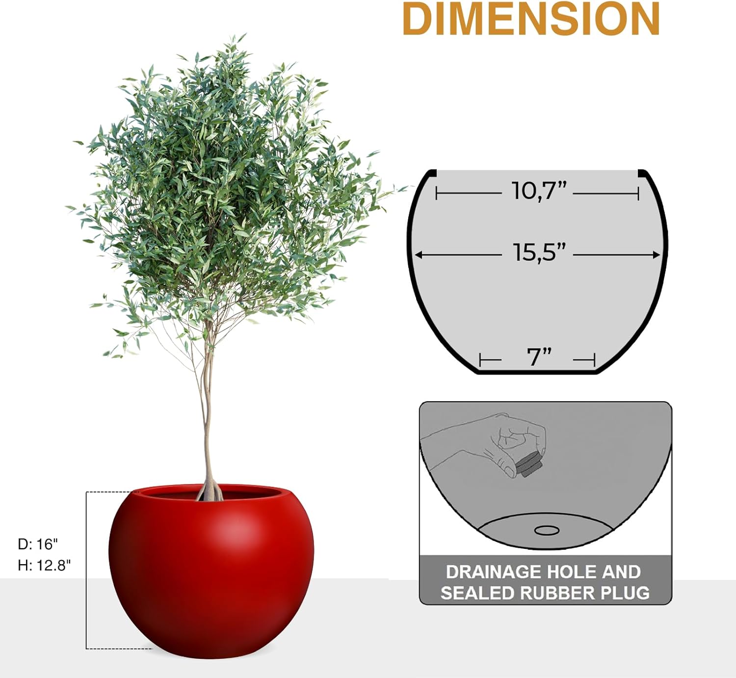 Globo Large Fiberstone Plant Pot, Large Planters for Indoor Plants, Outdoor Planters for Porch (Red, 16" D x 12.8" H)-VerdiqueGarden