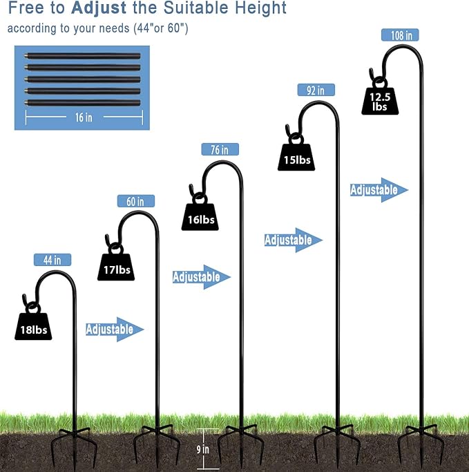 108 inch Outdoor Shepherd Hook with 5 Prong Base (2 Packs), Adjustable Heavy Duty Garden Hanging Stake for Bird Feeder Solar Light Plant Hanger Wedding Decor, Matte Black-VerdiqueGarden