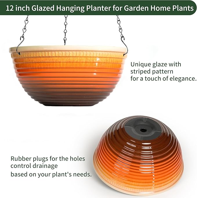 12 inch Hanging Planters for Indoor Outdoor Plants, 2 Pack Large Hanging Flower Pots with Drainage Holes and Chain, Glazed Hanging Baskets for Home Garden Decoration, Orange-VerdiqueGarden