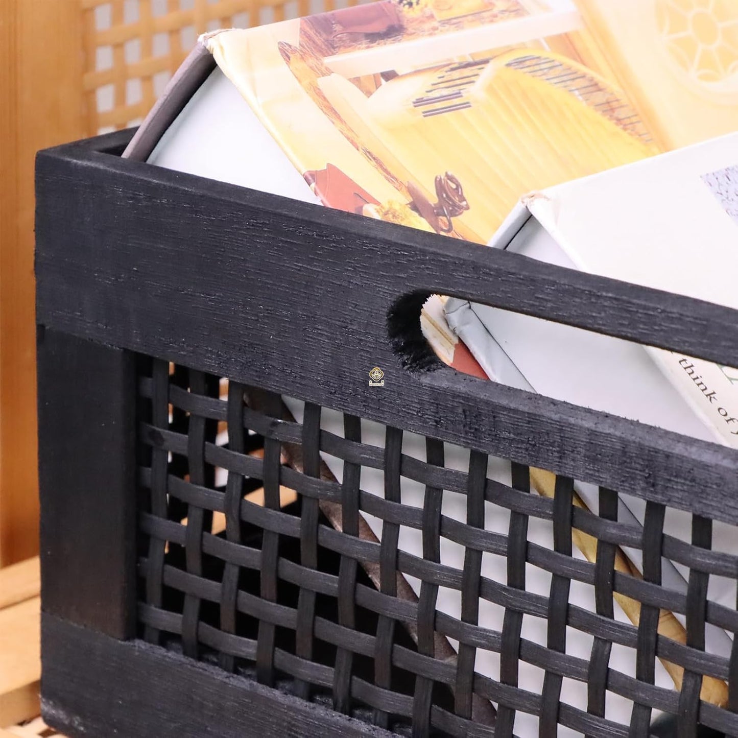 YRMT Wood Storage Crate Basket Rustic Wooden Storage Container for Organizing Decorative Bamboo Box with Handles for Pantry, Shelves Organizer 11.4" x 11.4" x 5" (Black)-VerdiqueGarden