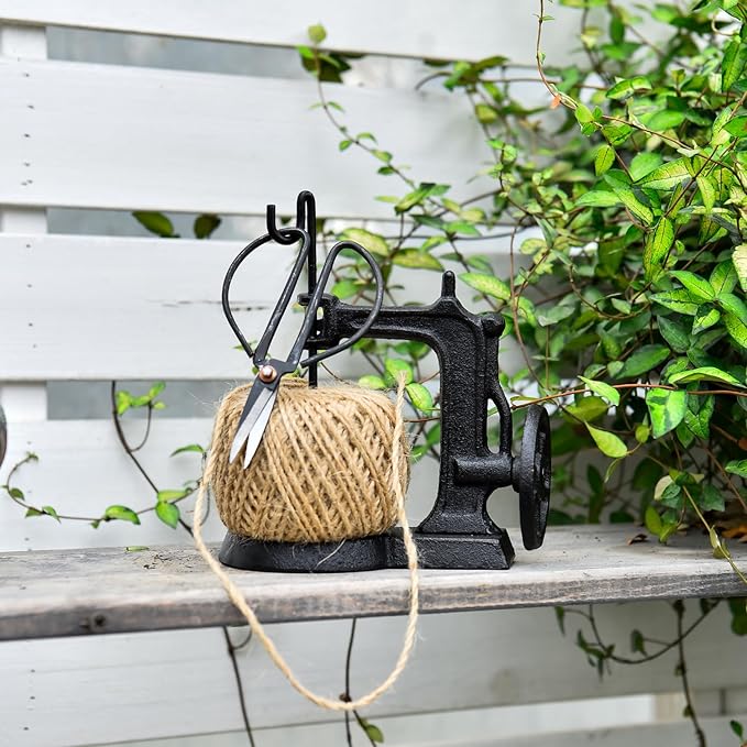 Sungmor Cast Iron Twine Holder and Scissors Set, Vintage Jute Twine Garden String Holder, Decorative Twine Dispenser with Cutter for Crafting, Gardening, Gift Wrapping, Sewing Machine Shape-VerdiqueGarden